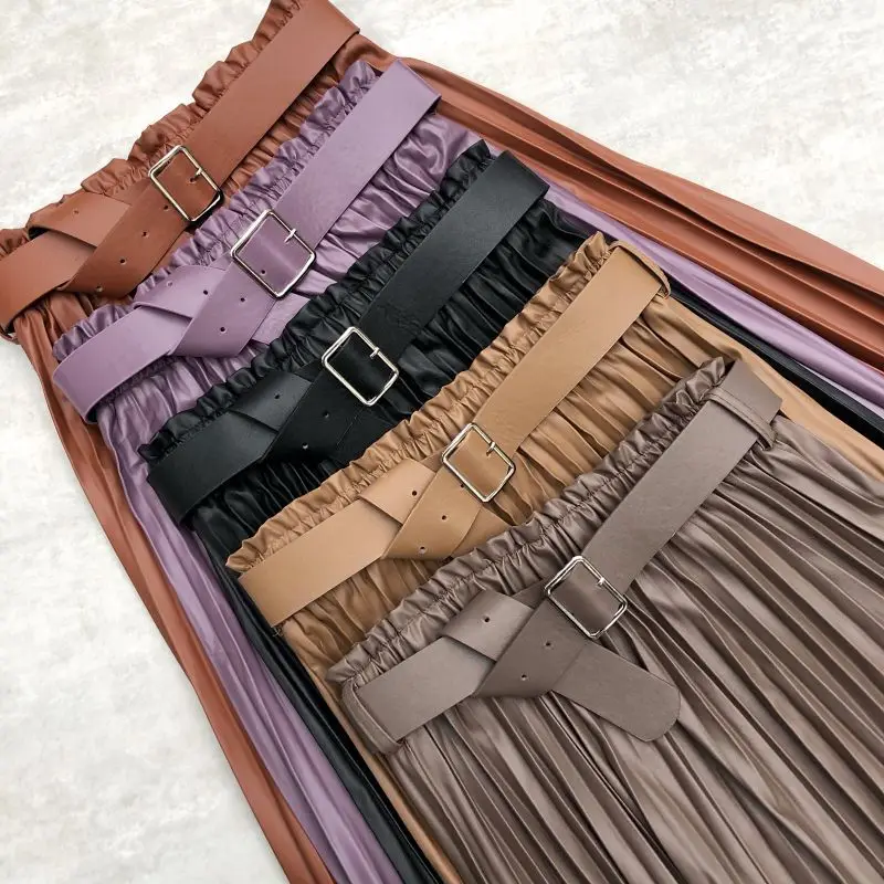 

Элегантная юбка из искусственной кожи, женские осенние плиссированные юбки с высокой талией, женские длинные юбки трапециевидной формы сре...