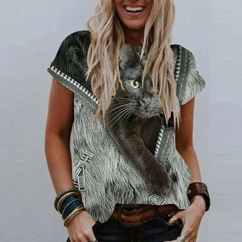 

European and American Cat Print Round Neck Women's Short-sleeved T-shirt