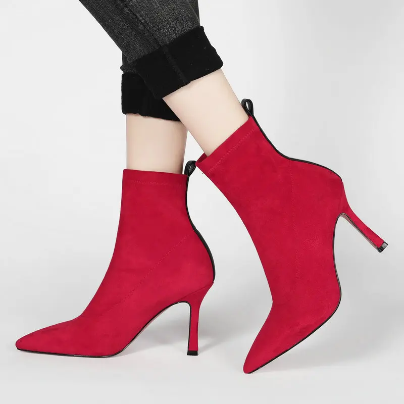 

Women Suede Slip On Ankle Boots Thin High Heel Stretch Boots Fashion Pointed Toe Autumn Winter Lady Short Boots Black Red Beige