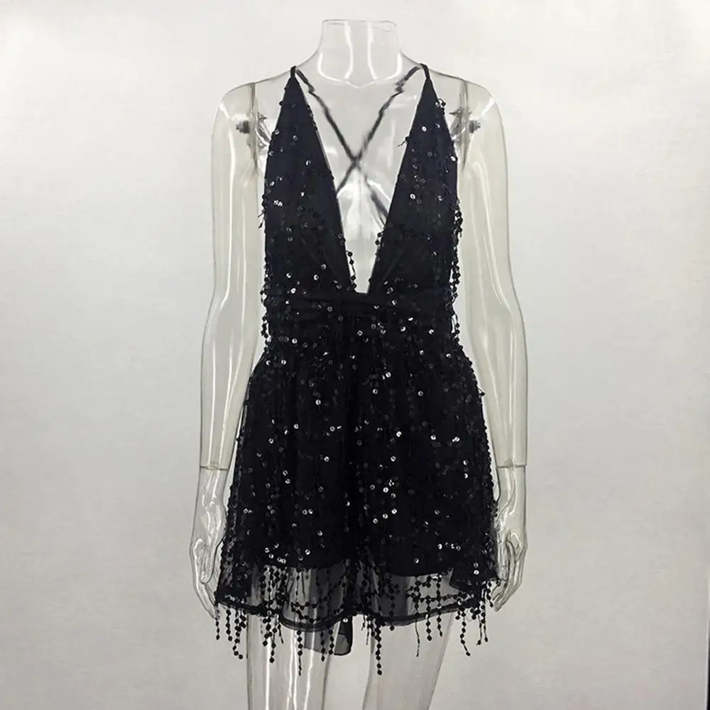 

Women's Sexy Sequins Deep V Neck Dress Backless Short Dress Women Party Maxi Dress Female Mini Dinner Dresses