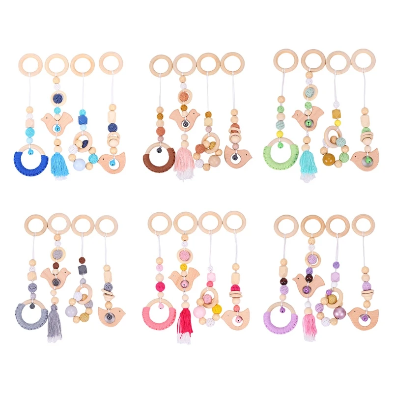 

OOTDTY 4Pcs/Set Baby Gym Frame Stroller Hanging Pendants DIY Wooden Ring Teether Infant Molar Teething Nursing Rattle Toys Gifts