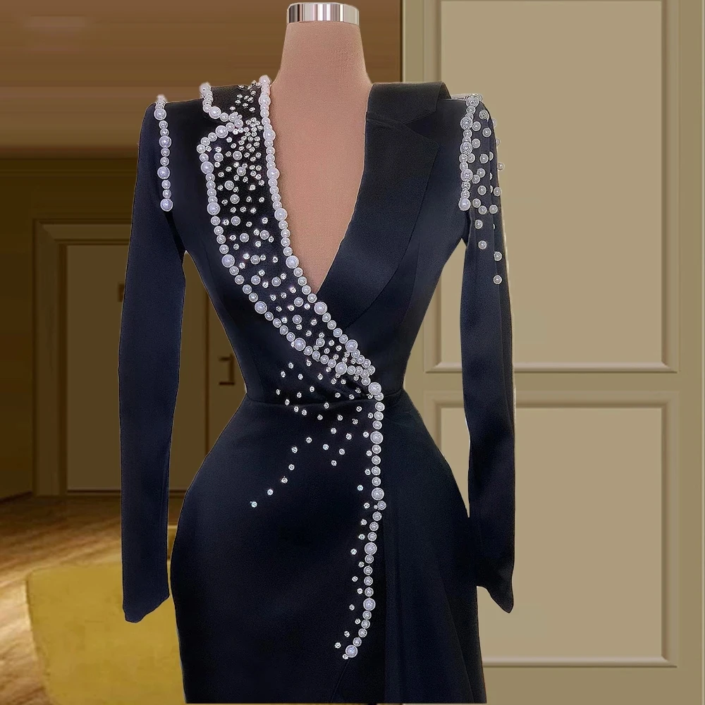 

Dark Navy Beaded Mermaid Evening Dresses 2021 V Neck Split Long Sleeve Prom Dress Sexy Custom Formal Party Gowns