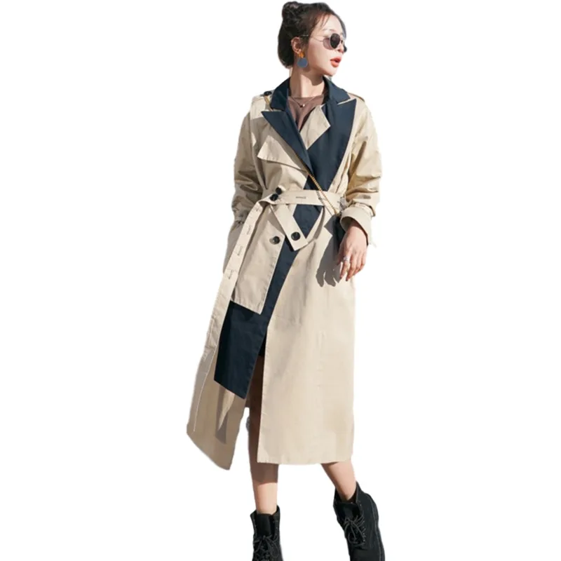 

LANMREM 2020 autumn new windbreaker Korean style Women's Mid-length bandage long coat small contrast color split trech coat 2