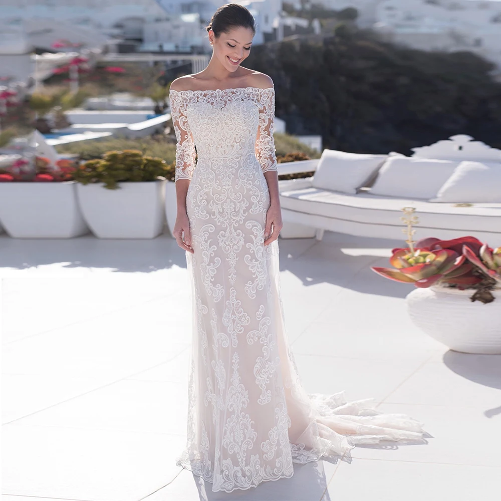 

Elegant Lace Tulle Sheath Wedding Dresss Boat Neck Three Quarter Sleeve Applique Sweep Train Bridal Gowns Vestido de Novia