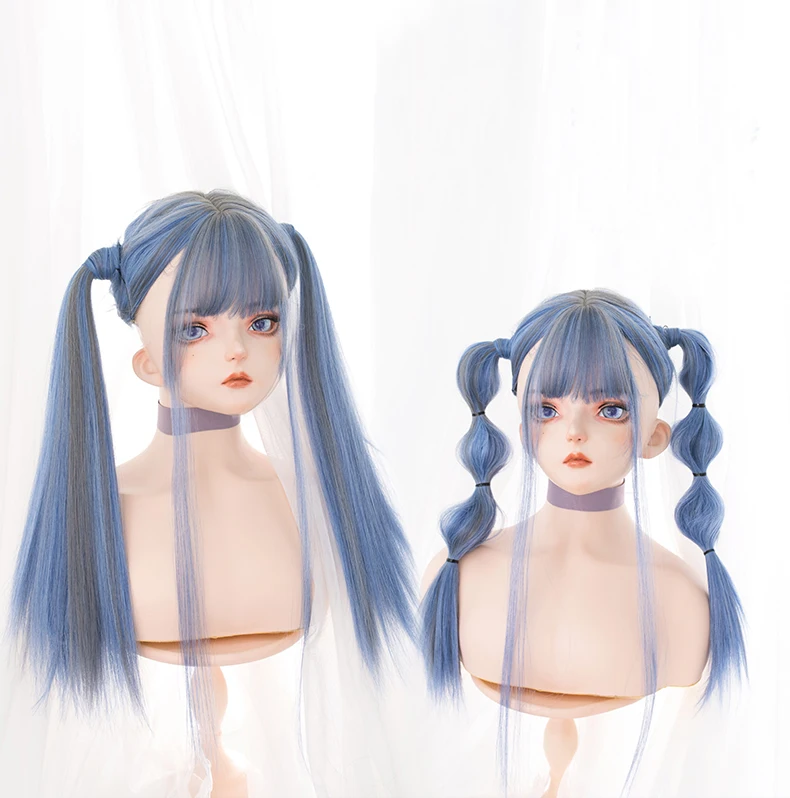 Парик Лолиты смешанного синего и серого цвета в стиле Харадзюку для косплея