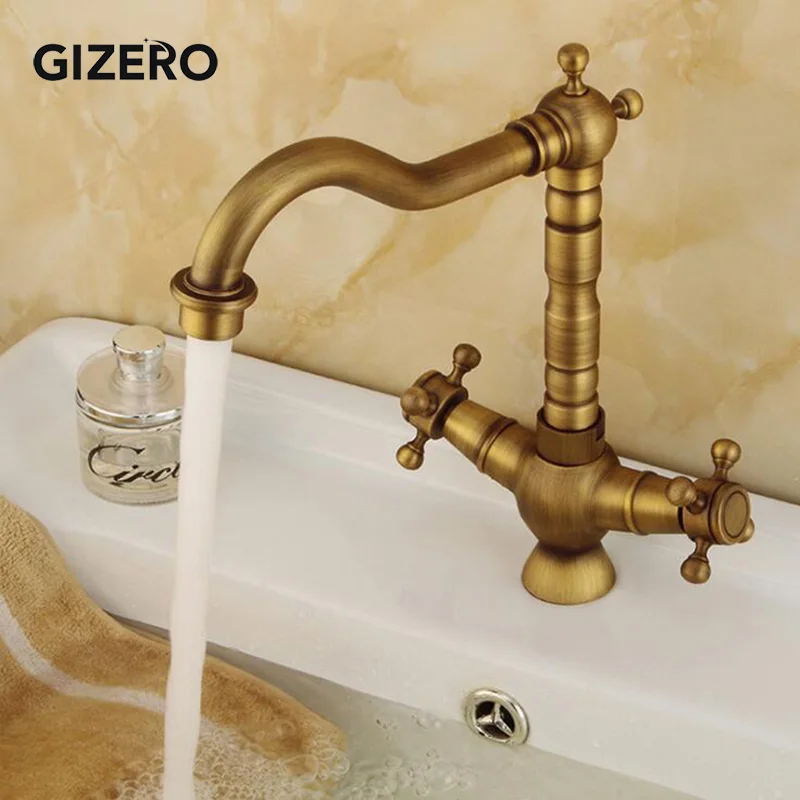 Античный кран с двойной ручкой Ванная комната латунный смеситель для раковины