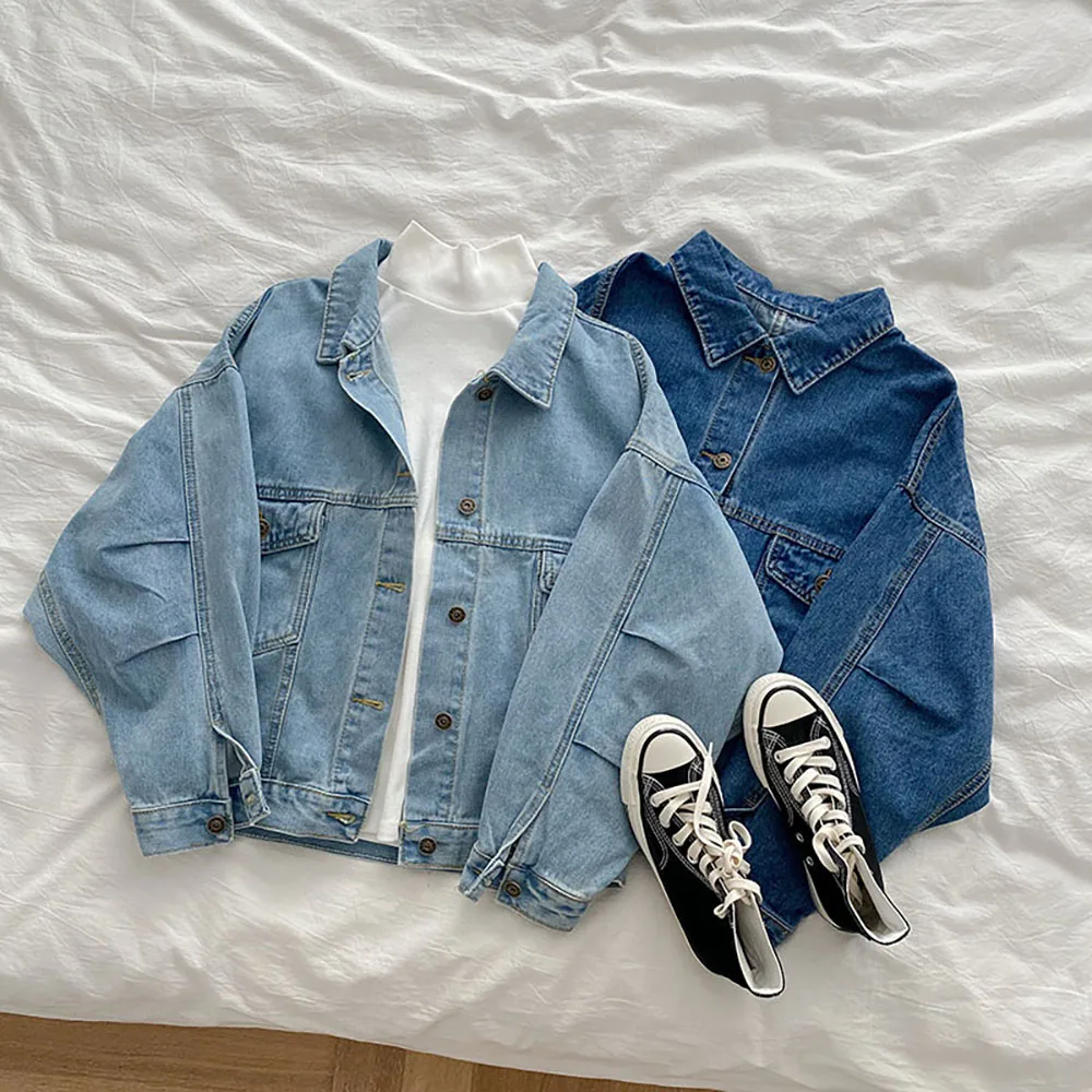 

Casual Loose Denim Jackets For Women Spring Autumn Fashion Ladies Long Sleeve Turn-down Collar Blue Jean Coats Chic Outerwear