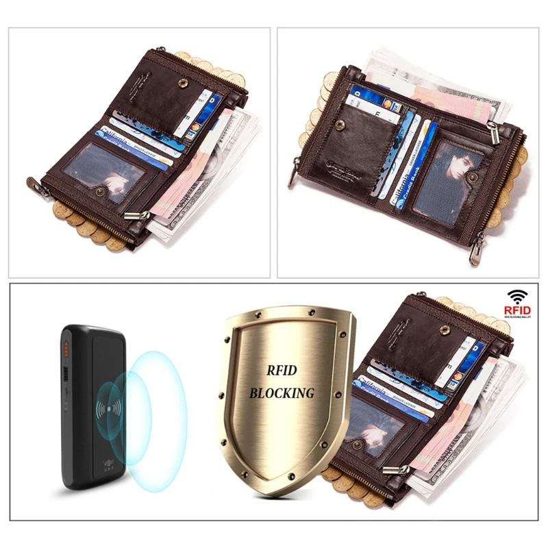 

Men's RFID Blocking PU Leather Bifold Wallet Business Short Purse Change Pocket with Anti Theft Chain
