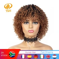 12 inch short ombre black to brown curly brazilian remy 100 human hair curly wig for black women curls wave wig with hair bangs