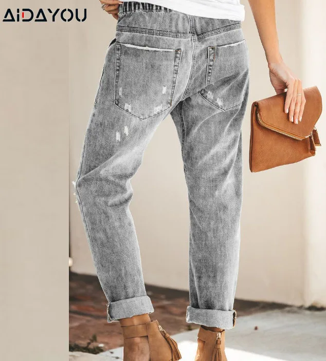 Женские рваные джинсы бойфренды Модные свободные винтажные с высокой талией для