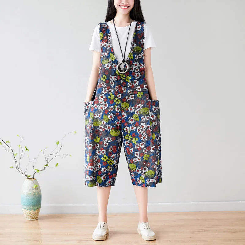 Print Floral Jean Romper Women Cropped Denim Playsuit 2020 Summer Short Plus Size Casual Baggy Overalls V Neck Side Hole Pockets low cut v neck random floral print playsuit in red