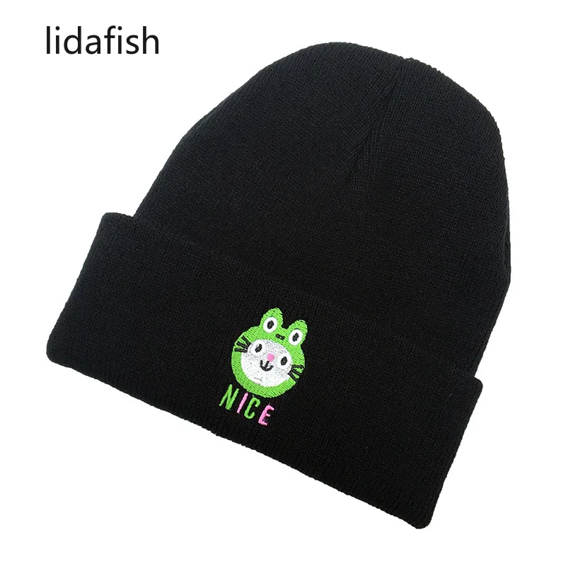 

Новые зимние шапки lidafish для женщин, милые вязаные теплые шапочки с мультяшной вышивкой, облегающая шапочка, женская шапочка