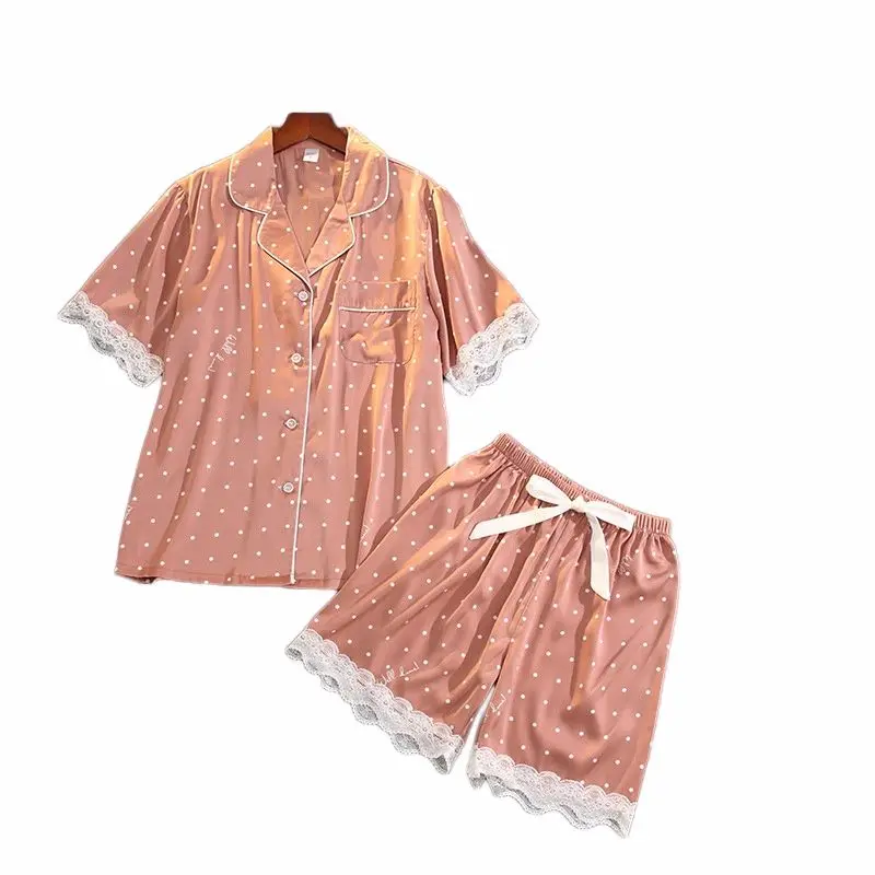 

Sexy Lace Short Sleeve Shorts Suit Pajamas Summer New Dot Printing Sleepwear Women's Satin Chiffon Soft Touch Home Wear
