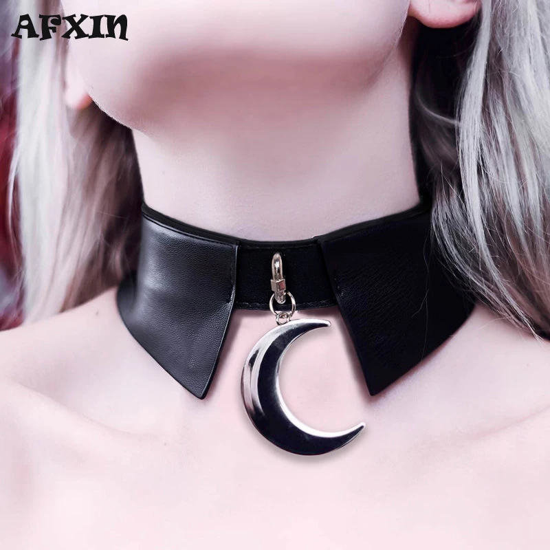 Gothic Punk Choker Women Pu Leather Necklace Moon Pendant Collier Club Party Short Goth Jewelry Charm Rock Turn Down Collar Belt | Украшения