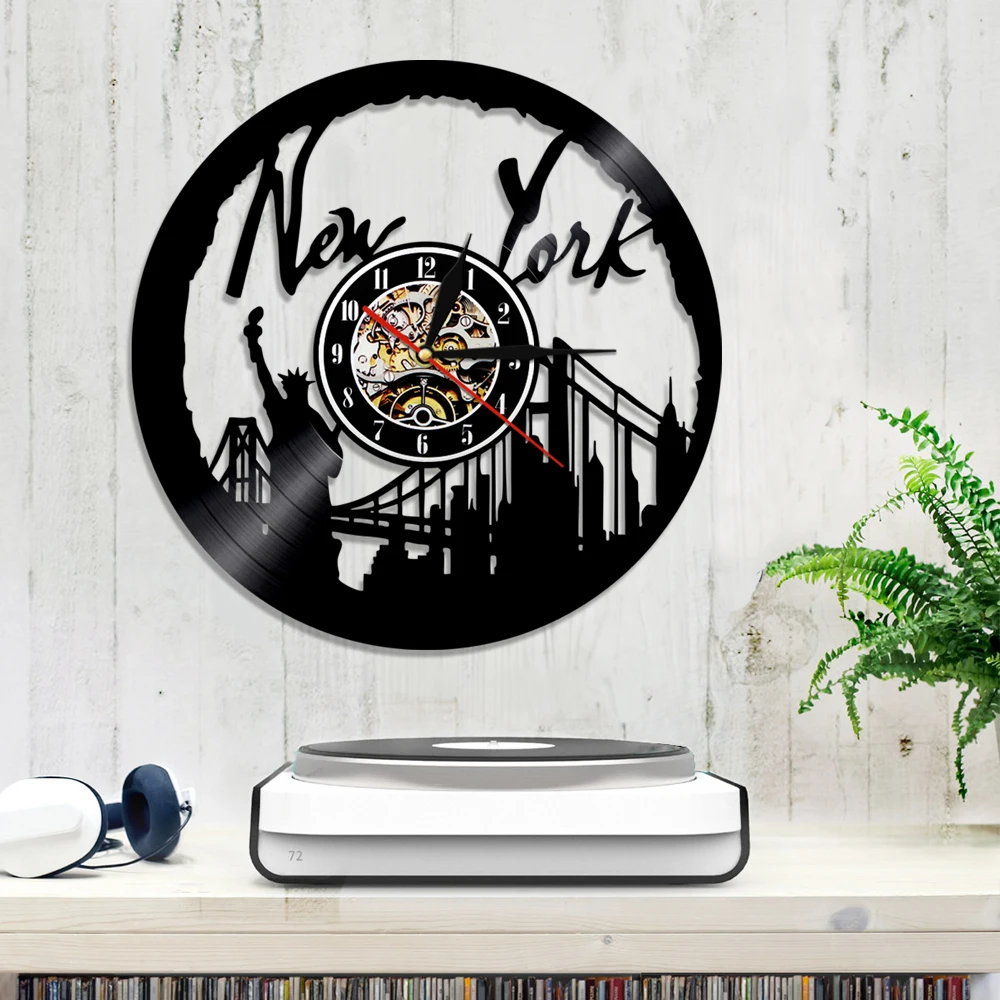 Нью Йорк настенные часы городской пейзаж виниловая Запись Современный горизонт