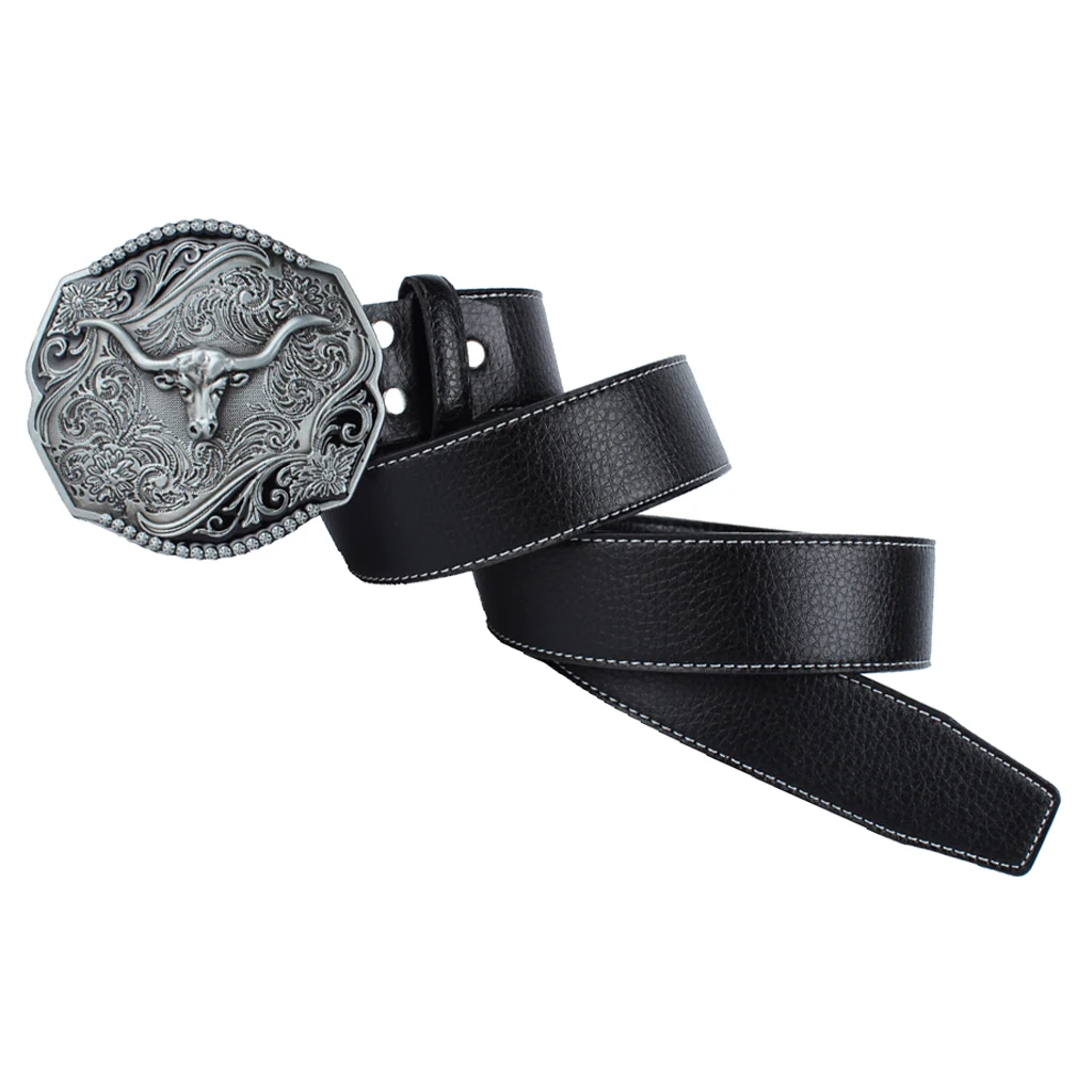 

Retro Designer Leather Strap Belt Rodeo Bull Head Buckle Cowboy Waist Strap