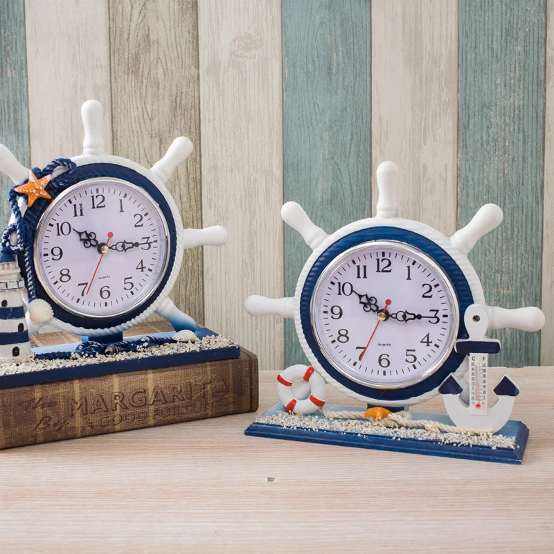 

Mediterranean style wall clock Beach Sea Theme Nautical Ship Wheel Anchor Desktop Decoration wall Hanging ornament home decor