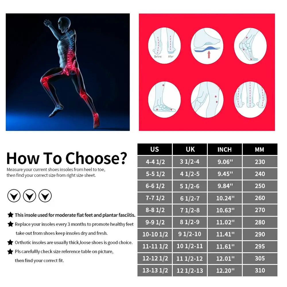 3ANGNI Orthotic Insoles Arch Support Shoe Inserts Mild Flat Feet Orthopedic Shoe sole For Men Woman Heel Pain Plantar Fasciitis