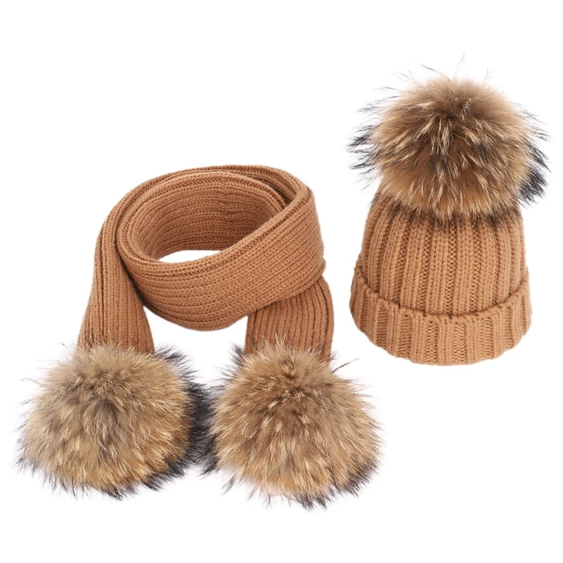 

2pcs Children Knitted Beanie Hat Long Scarf Set Infant Baby Fake Fur Ball Pom Pom Cap Warm Winter Beanies H9ED