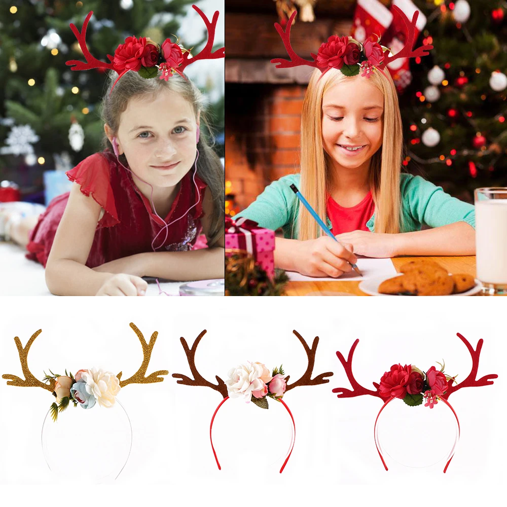 2020 Новогодняя красная Золотая Рождественская повязка на голову с рогами и белыми