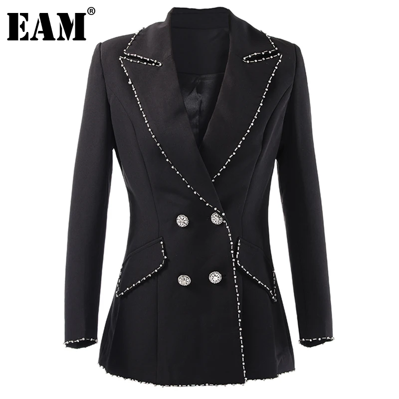 

[EAM] Women Black Rhinestone Elegant Blazer New Lapel Long Sleeve Loose Fit Jacket Fashion Tide Spring Autumn 2021 1DE3878