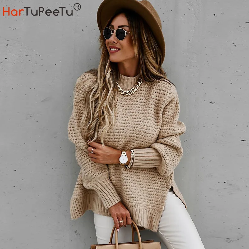 

Autumn Winter Women Loose Knitted Sweater 2021 New Side Split Front Short Back Long Coarse Yarn Turtleneck Pullover Knitwear