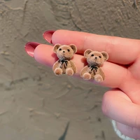1pair small plush bear stud earrings cute bears brown flocking animal earrings for women girls ear studs earring jewelry gifts