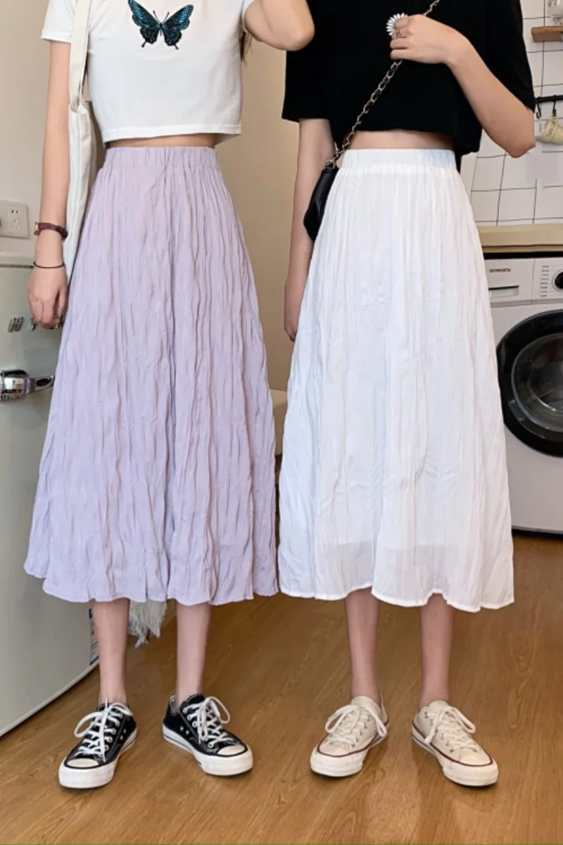 

2021 spring new style high waist mid-length A-line skirt for students all-match thin pleated skirt
