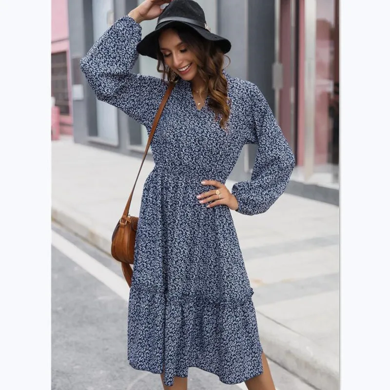 

Plus Size 2020 Women Dress Elegant Casual Print Lantern Sleeves Ruffles Long Dress