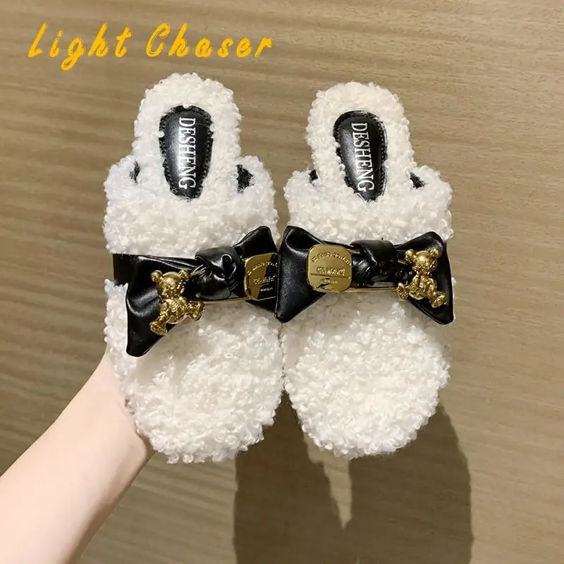 2021 New Fashion Women Casual Slippers Floor Slipper Short Plush Fleece Flat Black Lady Indoor Slippers Winter Women's Slippers