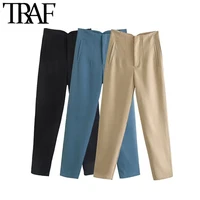 traf women chic fashion with seam detail office wear pants vintage high waist zipper fly female ankle trousers mujer