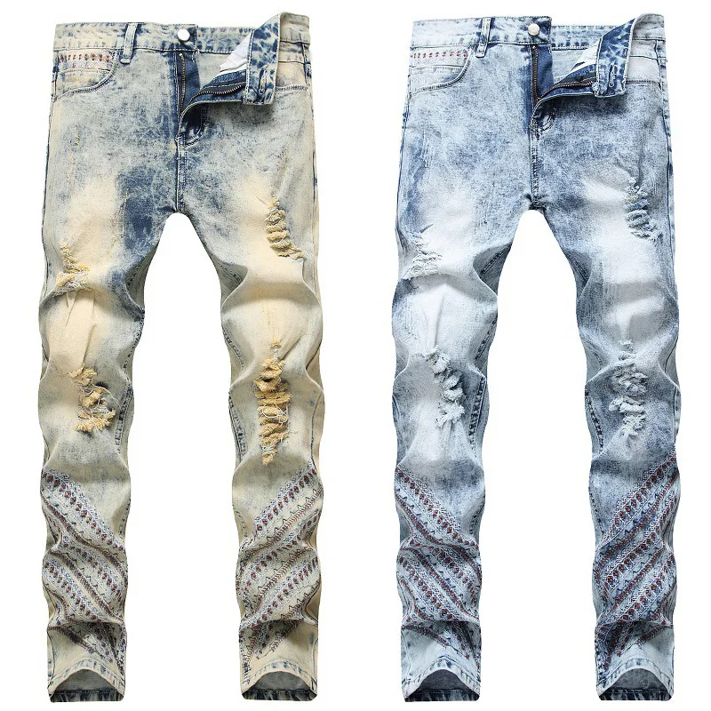 

Мужские состаренные синие джинсы, Стрейчевые джинсы с вышивкой, рваные и поцарапанные уличные модные джинсы, молодежные крутые;