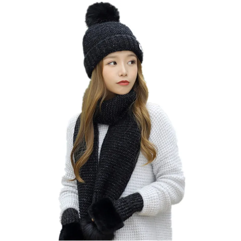 

Осенне-зимний женский бархатный милый вязаный набор перчаток с помпоном женский Универсальный костюм-тройка