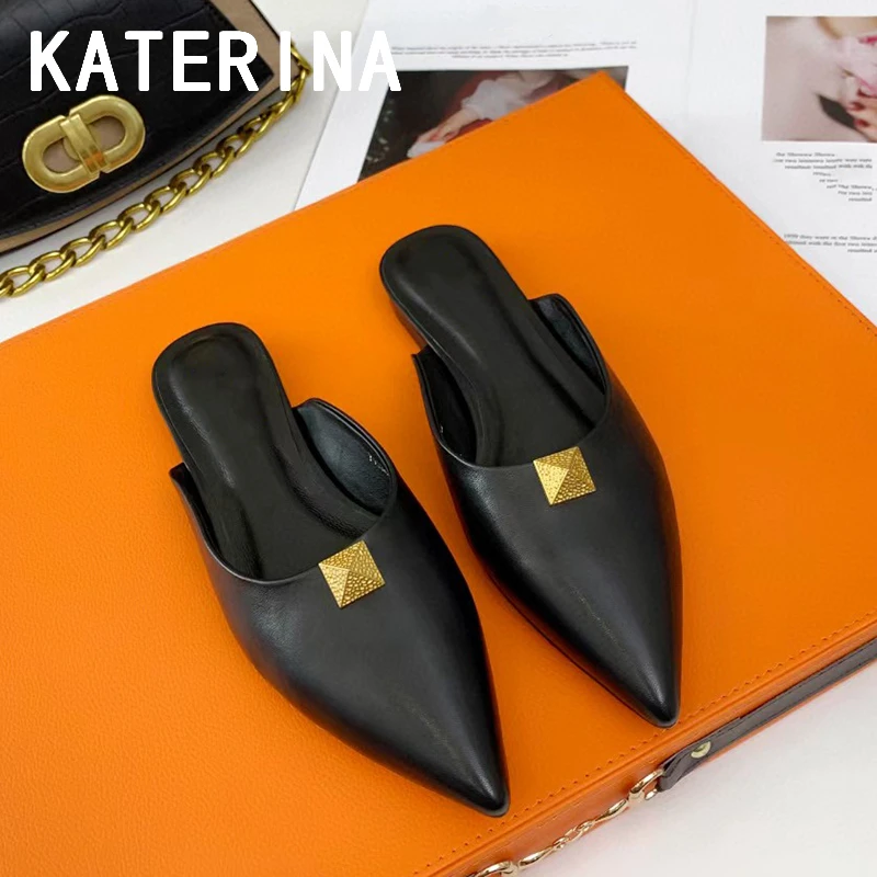 

Summer Classic Slippers Real Leather Flat Heels Mules Pointed Toe Sandals Stilettos Loafers Shoes Slides Женская обувь Тапочки