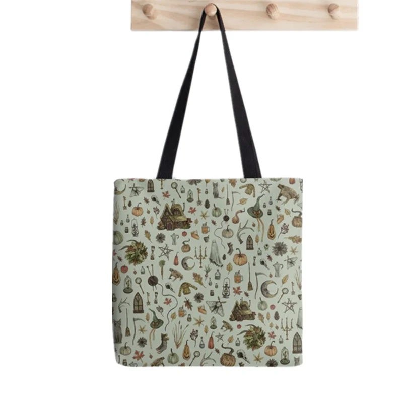 

Women Shopper bag Green cozy Crone Printed Kawaii Bag Harajuku Shopping Canvas Shopper Bag girl handbag Tote Shoulder Lady Bag