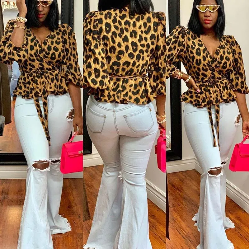 Casual Print Leopard Tops With Belt Womens Blouses And Deep V-neck Autumn Winter Clothes For Women Brown Color | Женская одежда