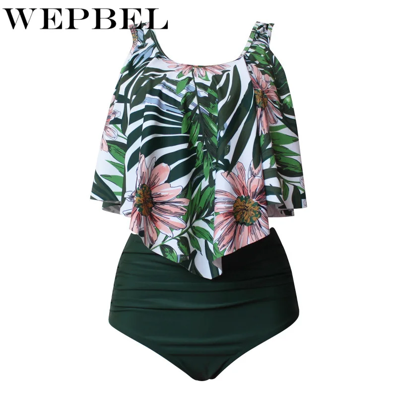 

WEPBEL Plus Size Women Summer Overlay Flower Embroidery Bikini Swimsuit High Waist Two piece Bikini Set