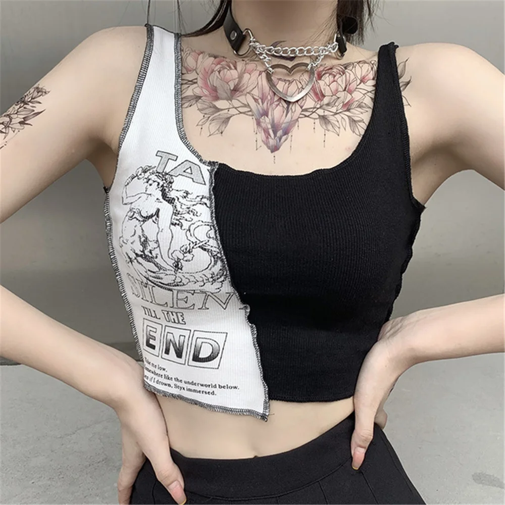 

Gothic Punk Style Crop Top Women Print Slim Fit Club Ladies Casual Crop Streetwear Top Clubwear Tee Shirt Femme Patchwork Vest