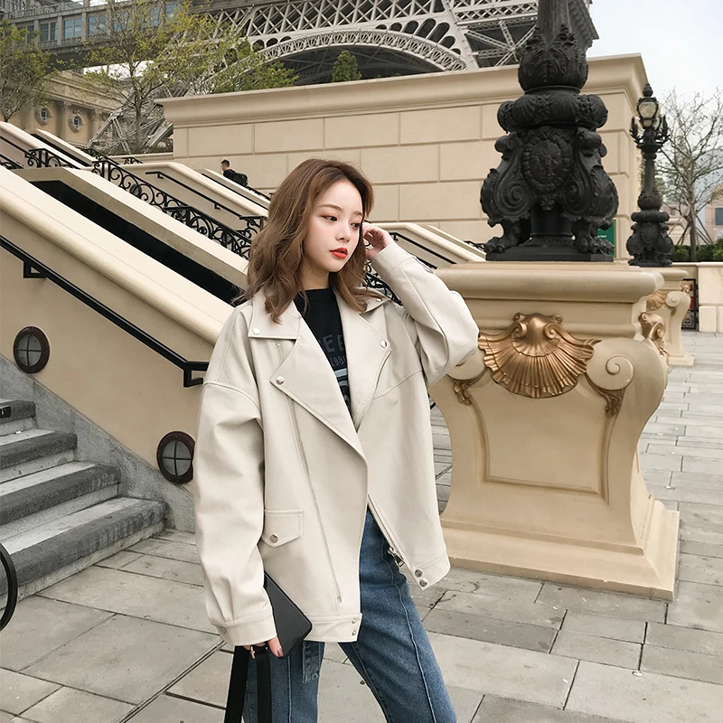 

Женская винтажная куртка-бомбер из искусственной кожи, черная Повседневная байкерская куртка для осени, 2023