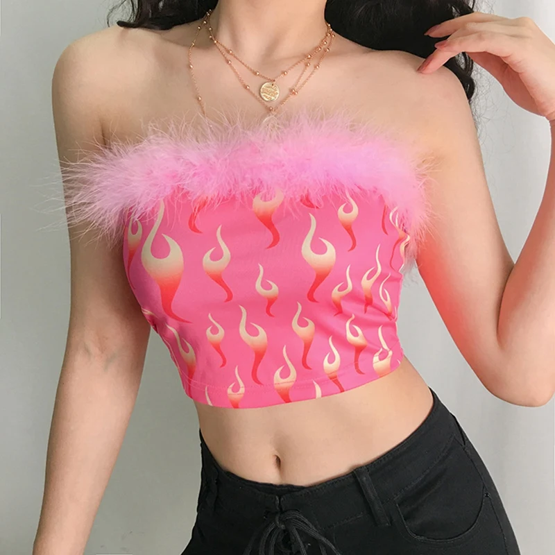 

Women's Fashion Plush Flame Print Slim Tube Top Vest Pink