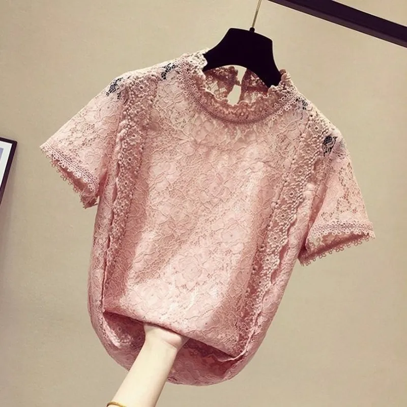 Drop Shipping Fashion New Lace Shirt O-neck Short Sleeve Jacquard Hollow T-Shirt Style Pure Color Top For Women | Женская одежда