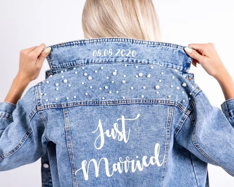 Personalised Ladies Pearl Embellished Denim Jacket Bride Denim Jacket New Mrs Just Married Custom Bride Wedding Jacket with Date