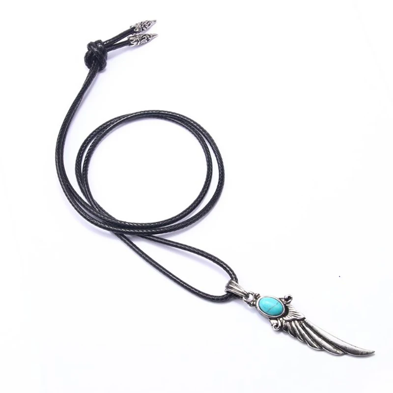Tibetan Silver Angel Wing Feather Necklace Blue Beads Pendants Long Waxed Cotton Cord Chain Women Men Jewelry | Украшения и