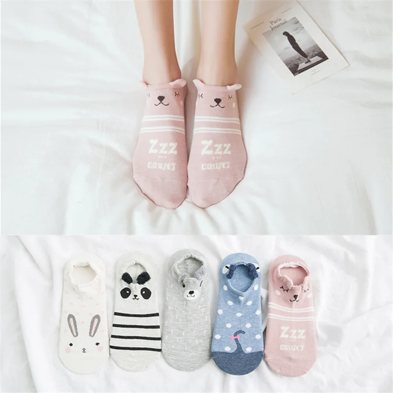 6-5Pairs 5 пар, женские хлопковые носки с рисунками животных, розовые милые короткие носки с котом, короткие носки, повседневные носки с ушками животных и красными сердечками для девочек, Размеры 35-40 - Цвет: 6-5Pairs