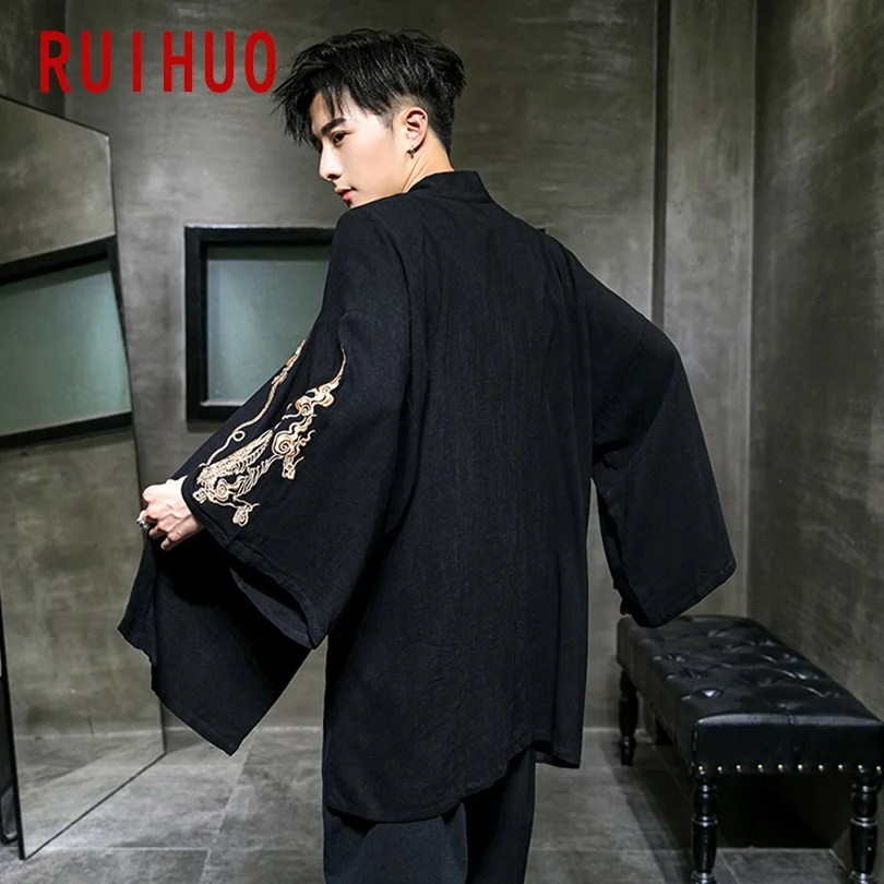 RUIHUO Dragon Embroidery Kimono Jacket Men Coat Streetwear Bomber Hip Hop Windbreaker 5XL 2021 New | Мужская одежда