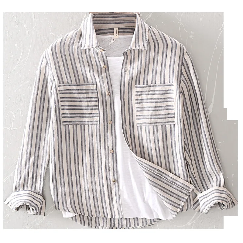 Рубашка Мужская льняная в белую полоску приталенная с двумя карманами и длинными