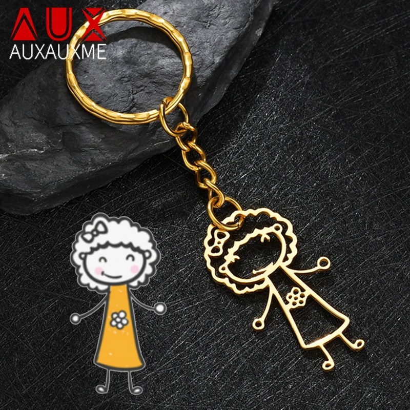 Auxauxme Customized Children's Drawing Keychain Stainless Steel Kid's Art Personalized Custom Name Keyring Christmas Kids Gift