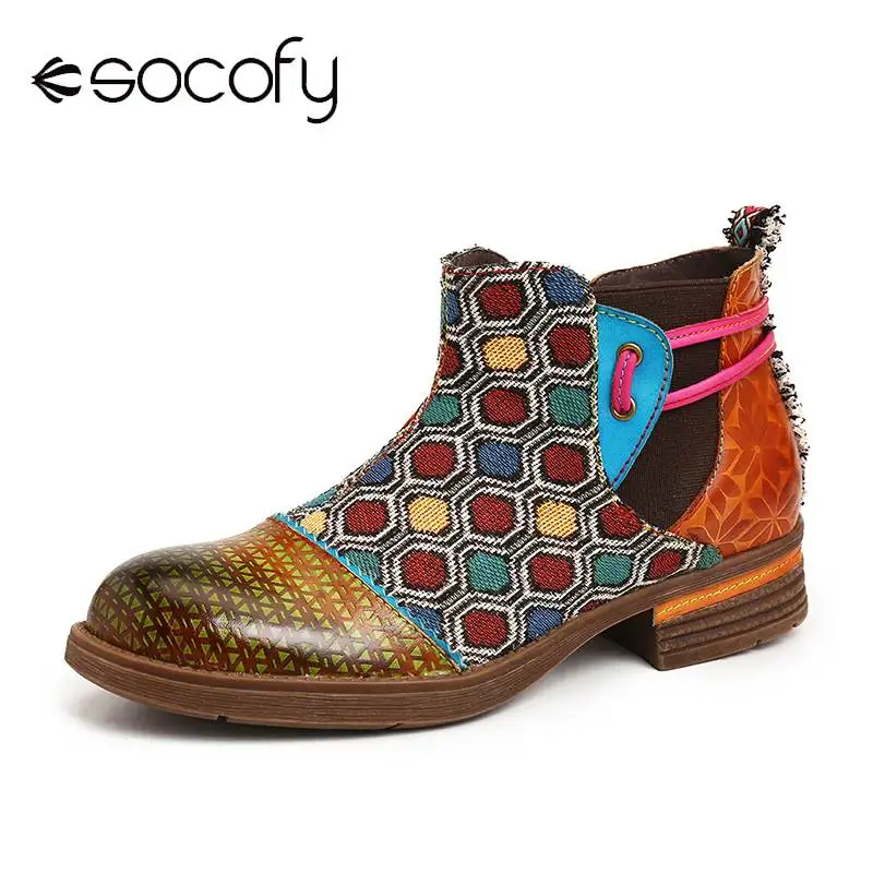 SOCOFY/разноцветные ботинки в стиле ретро ботильоны из натуральной кожи на плоской