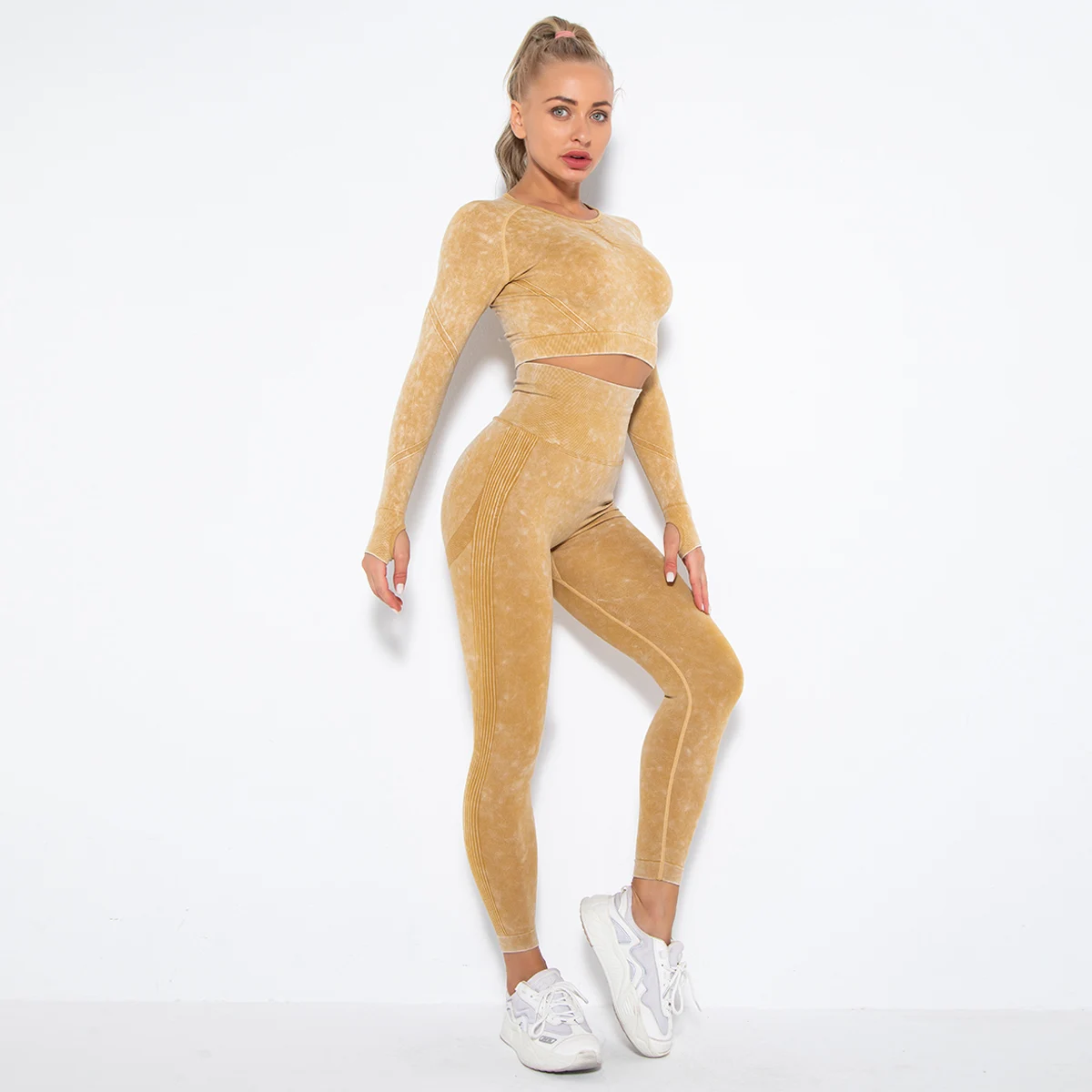 

Seamless Sets Acid Wash Sports Yoga Long Sleeved Suit Fitness Gym Legging Set Woman 2 Pieces