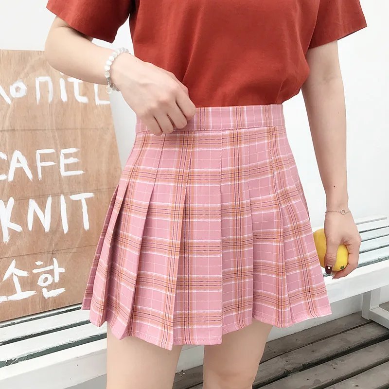 

New Pink New Korean Plaid Skirt Lady Zipper High Waist Student Women Pleated Plaid Mini Sexy Hot Large Pure Size Harajuku Skirts